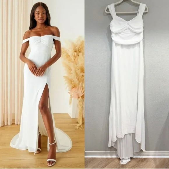 NWOT Lulus Excellent Elegance White Pleated Off-the-Shoulder Maxi Dress - Picture 1 of 9
